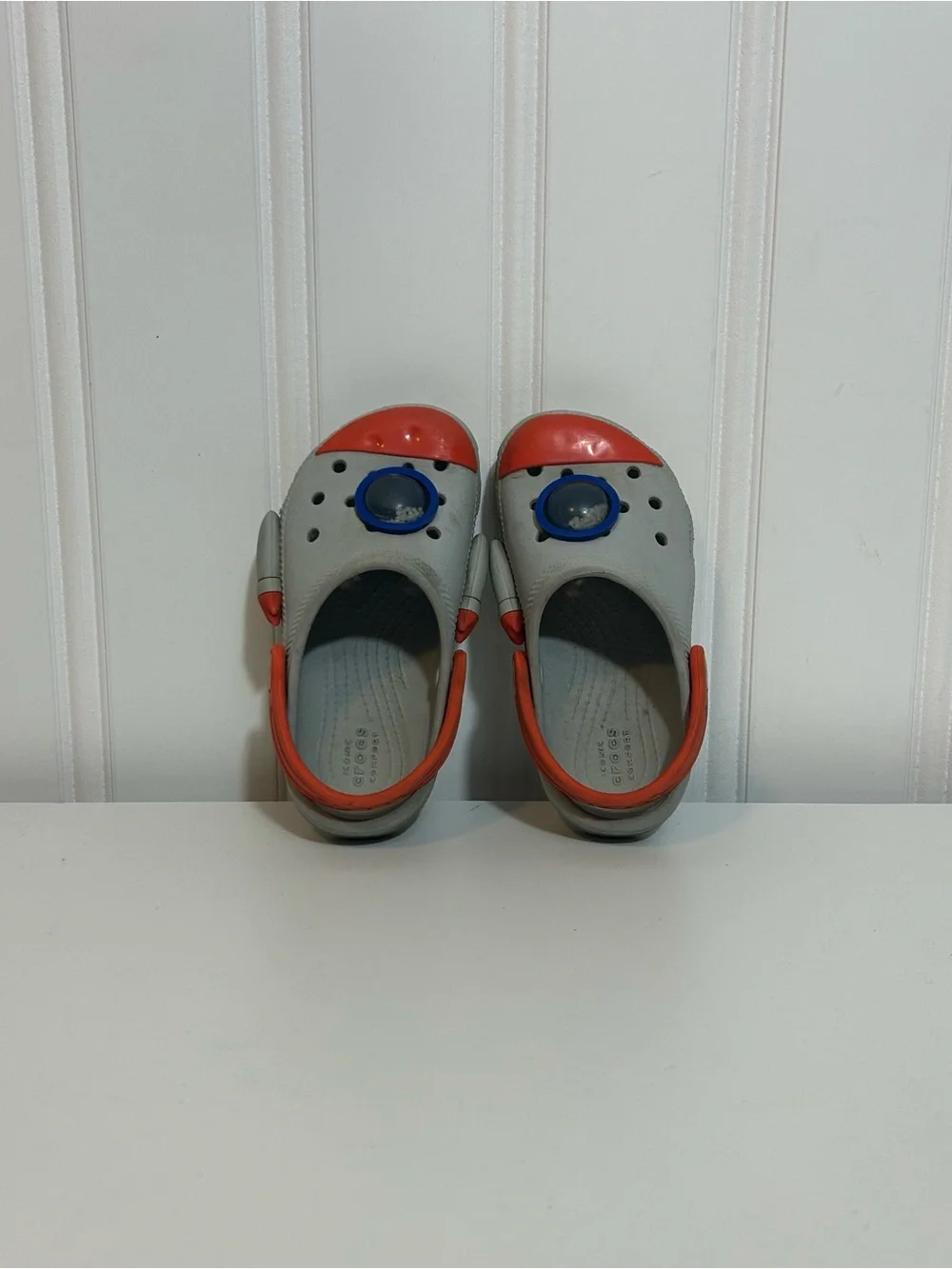 Crocs astronaut rocket ship grey red white beige
